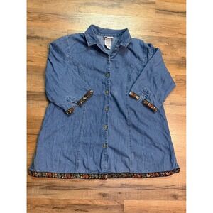 Vintage Oh Mama Denim Hand Embroidered Tunic Button Top 3/4 Sleeve Boho Artsy